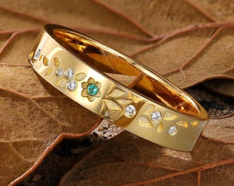 4.35 mm Emerald Men's Ring - Floral Leaf Gold Band - Husband Wedding Band by ManhattanBox