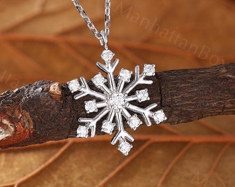 Unique Snowflake Necklace - Delicate Moissanite Pendant Christmas Jewelry - Dainty Rose Gold Winter Xmas Gift for Her by ManhattanBox