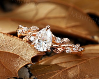 Vintage Pear cut moissanite engagement ring Rose Gold Unique leaf design diamond Bridal ring Antique twist branch anniversary promise ring