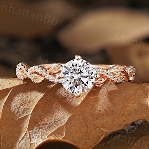 Vintage Moissanite Engagement Ring - Rose Gold Antique Diamond Twist Wedding Ring - Unique Leaf Anniversary Promise Ring by ManhattanBox
