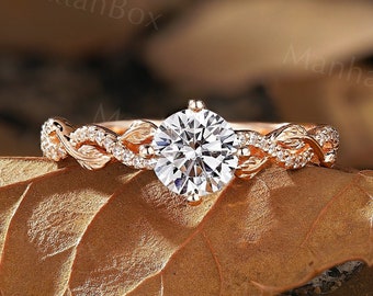 Vintage Moissanite Engagement Ring - Rose Gold Antique Diamond Twist Wedding Ring - Unique Leaf Anniversary Promise Ring by ManhattanBox