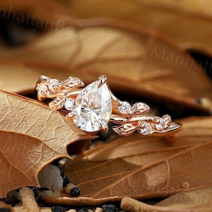 Vintage Pear cut moissanite engagement ring Rose Gold Unique leaf design diamond Bridal ring Antique twist branch anniversary promise ring