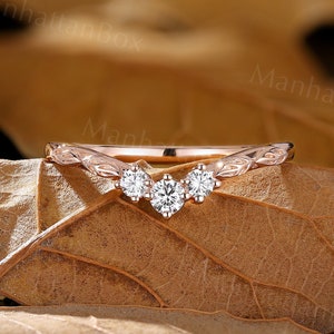 Minimalist Moissanite Curved Wedding Band - Rose Gold Delicate Leaf Stackable Wedding Ring - Nature Inspired Matching Ring by ManhattanBox