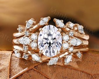 Leaf Moissanite Bridal Set - Oval Engagement Ring - Rose Gold Wedding Ring Set by ManhattanBox