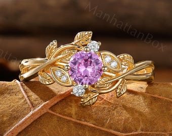 Pink Sapphire Engagement Ring - Nature Inspired Floral Ring - Botanical Leaf Ring by ManhattanBox