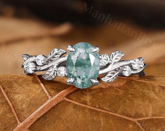 Moss Agate Engagement Ring - Leaf Twist Wedding Ring - Nature Inspired Women Rings by ManhattanBox