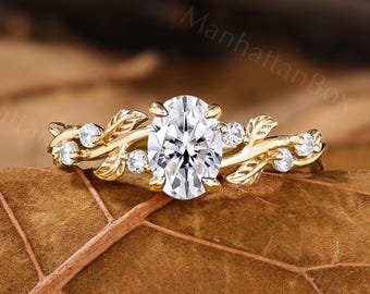 Moissanite Engagement Ring - Twist Yellow Gold Ring - Leaf Nature Inspired Ring by ManhattanBox