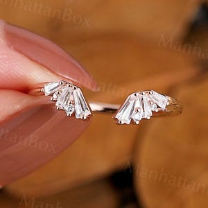 Art Deco Open Diamond Wedding Band - Modern Rose Gold Stacking Curved Band - Baguette Cut Geometric Matching Promise Ring by ManhattanBox