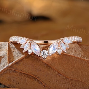 Delicate Diamond & Moonstone Curved Wedding Band - Rose Gold Vintage Matching Ring - Unique Stackable Anniversary Ring by ManhattanBox