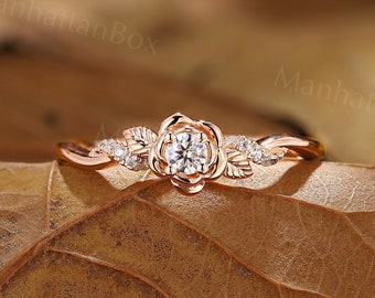 Manhattan Box Floral Round Cut Moissanite Engagement Ring Rose gold Delicate Nature inspired Leaf design Bridal Ring Twist Anniversary Ring