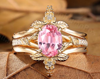 Padparadscha Floral Bridal Set - Pink Leaf Wedding Ring - Nature Inspired Ring by ManhattanBox