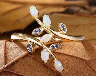 Natural White Opal Leaf Ring - Blue Sapphire Band - Nature Inspired Ring by ManhattanBox