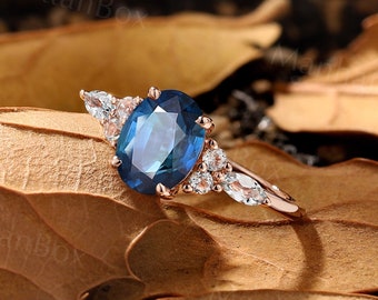 Vintage Teal Sapphire engagement ring Rose gold Antique Oval cut Sapphire Bridal ring Marquise Sky Blue Topaz Wedding Anniversary ring