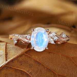 Tree Bark Moonstone Engagement Ring - Rose Gold Nature Inspired Promise Ring - Vintage Diamond Branch Wedding Ring by ManhattanBox