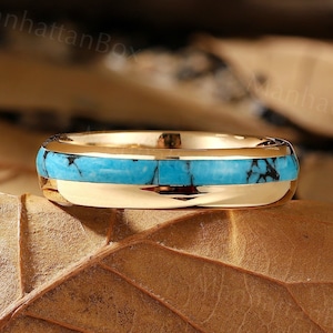 5mm Natural Turquoise Wedding Band - Vintage Yellow Gold Men&#39;s Stacking Ring - Stackable Full Eternity Unisex Promise Ring by ManhattanBox