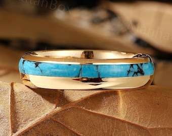 5mm Natural Turquoise Wedding Band Vintage Yellow Gold Men's