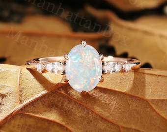 Unique Oval Natural Opal Engagement Ring| Delicate Marquise Diamond Bridal ring|Rose gold wedding ring|Prong set Promise Anniversary ring