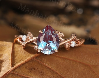 Birnenschliff Alexandrit Verlobungsring Roségold | Art Deco Zweig Design Diamant Brautring | Blatt Prong Set Ehering Jubiläumsring