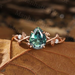 Teardrop Teal Sapphire engagement ring rose gold| Vintage branch design diamond Bridal ring| leaf wedding ring Pear shape Anniversary ring