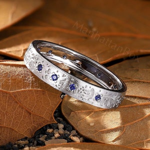 Antique Sapphire Wedding Band - Unique Frosted White Gold Full Eternity Stacking Ring - Vintage Handmade Promise Ring by ManhattanBox