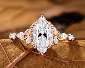 Moissanite Engagement Ring - Vintage Rose Gold Ring - Art Deco Leaf Ring by ManhattanBox