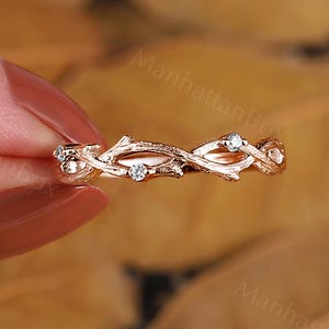 Tree Bark Diamond Wedding Band - Nature Inspired Vine Leaf Branch Ring - Rose Gold Dainty Stacking Anniversary Promise Ring by ManhattanBox