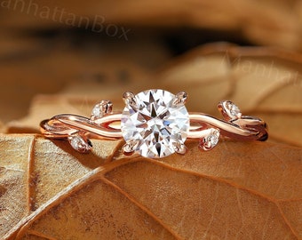 Round Moissanite Engagement ring Rose gold Twig Diamond Twist wedding ring branch design leaf ring unique anniversary promise bridal ring