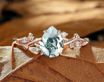 Moss Agate Engagement Ring Pear Cut Rose Gold Branch design Ring Vintage Diamond Leaf Wedding Ring Delicate twig Anniversary Promise Ring