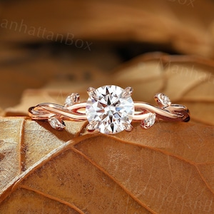 Manhattan Box Round Moissanite Engagement ring Rose gold Twig Diamond Twist ring branch design leaf ring unique anniversary bridal ring