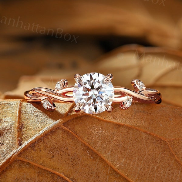 Round Moissanite Engagement ring Rose gold Twig Diamond Twist wedding ring branch design leaf ring unique anniversary promise bridal ring