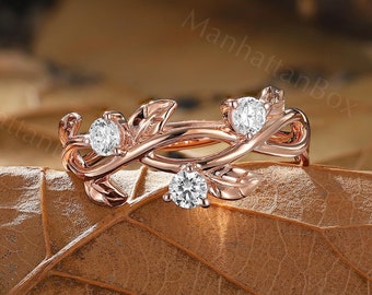 Natural Diamond Rose Gold Wedding Band -  Stacking Moissanite Promise Ring with Vines and Leaves - Wave Unique Band by ManhattanBox