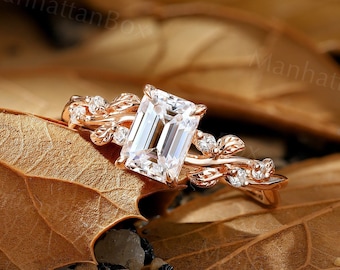 Vintage emerald cut moissanite engagement ring rose gold nature inspired round cut branch leaf design bridal ring anniversary promise ring