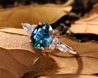 Vintage Teal Sapphire engagement ring Oval cut|Antique Rose gold Peacock Sapphire wedding ring|Marquise Sky Blue Topaz Anniversary ring