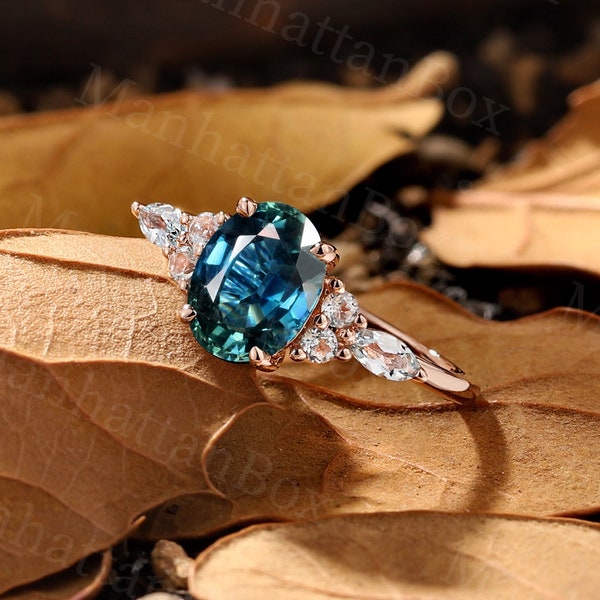 Vintage Teal Sapphire Engagement Ring Oval Cut | Antique Rose Gold Peacock Sapphire Wedding Ring | Marquise Sky Blue Topaz Anniversary Ring