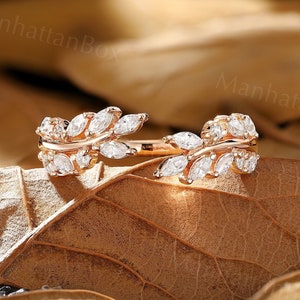 Unique Nature Inspired Leaf Wedding Band Rose Gold Marquise Moissanite Bridal Ring Delicate Open Wedding Ring Anniversary Promise Ring
