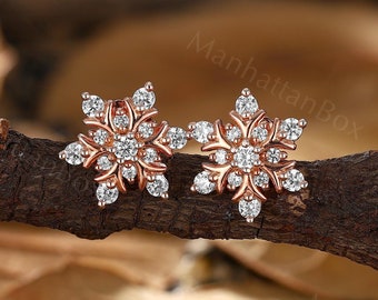 Snowflake Moissanite Stud Earrings - Delicate Dainty Rose Gold Winter Christmas Gift - Daily Wear or Gift for Women by ManhattanBox