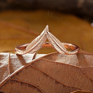 Rose Gold Leaf V-Shape Matching Ring - Nature Inspired Curved Wedding Band - Solid Gold Stackable Ring for Women by ManhattanBox