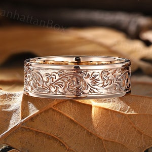 7mm Antique Men&#39;s Wedding Band - Nature Inspired Rose Gold Leaf Full Eternity Band - Vintage Plain Gold Couple Ring for Him by ManhattanBox