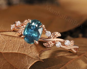 Naturel Teal Sapphire Ring - Nature Fairytale Leaf Ring - Boho Engagement Ring by ManhattanBox
