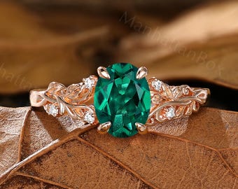 Emerald Engagement Ring - Leaf & Floral Bridal Ring - Nature Inspired Ring by ManhattanBox