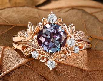 Alexandrite Bridal Ring Set - Leaf Engagement Ring - Nature Inspired Ring by ManhattanBox