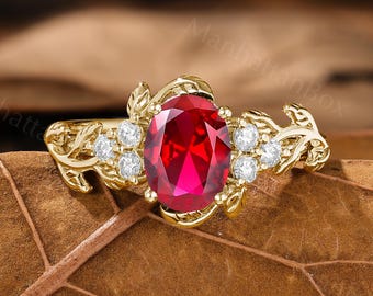 Leaf Ruby Engagement Ring - Vintage Yellow Gold Ring - Art Nouveau Bridal Ring by ManhattanBox