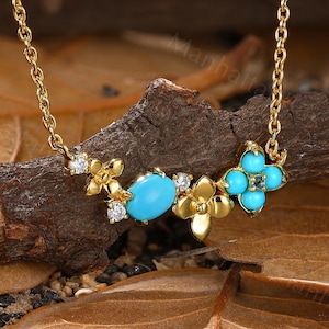 Natural Turquoise Floral Necklace - Yellow Gold Garden Pendant - Nature Inspired Flower Charm Gift for Her - Spring Jewelry by Manhattan Box
