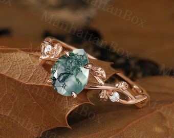 Vintage Moss Agate Engagement Ring Rose Gold Pear Ring Twig Engagement Ring Leaf Ring Unique Twist Ring Diamond Moissanite Anniversary Ring