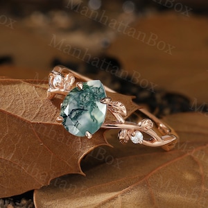 Vintage Moss Agate Engagement Ring Rose Gold Pear Ring Twig Engagement Ring Leaf Ring Unique Twist Ring Diamond Moissanite Anniversary Ring