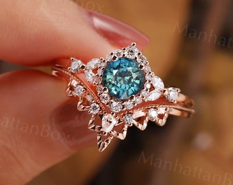 Vintage Round Cut Natural 5A Teal Sapphire Engagement Ring Set Natural Diamond Milgrain Moissanite Chevron Curved Wedding Band Bridal Set