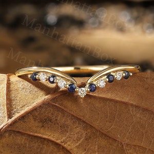 Delicate Diamond Curved Wedding Band - Crown Yellow Gold Sapphire Matching Band - Chevron Stacking Promise Ring by ManhattanBox