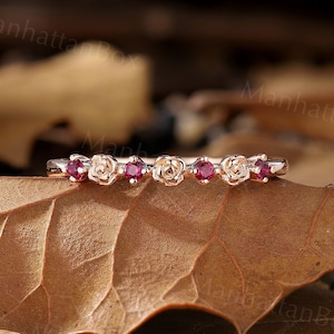 Vintage Natural Ruby Wedding Band - Women Rose Gold Floral Matching Ring - Delicate Stacking Anniversary Promise Ring by ManhattanBox