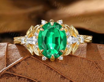 Oval Emerald Engagement Ring - Vintage Promise Ring - Nature Inspired Ring by ManhattanBox