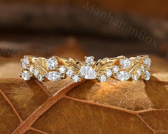 Moissanite Wedding Band - Leaf Botanical Ring - Nature Inspired Ring by ManhattanBox